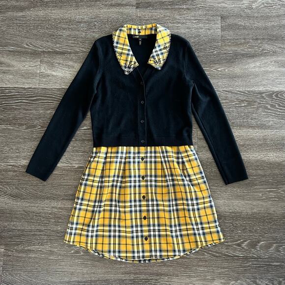 Maje Yellow Tartan Trompe L’Oeil Sweater Dress 6 Mini Plaid Grunge Collared EUC - Picture 2 of 16